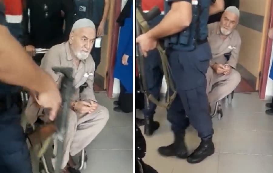 Tekerlekli sandalyedeki yaşlı mahpus elleri kelepçeli muayene edildi