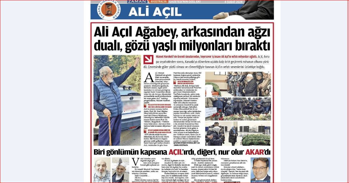 ZAMAN Avustralya’dan vefa: Zaman’a Sığmayan Ömürler’ kervanına katılan Ali Açıl’ın hayatı özel ekte toplandı