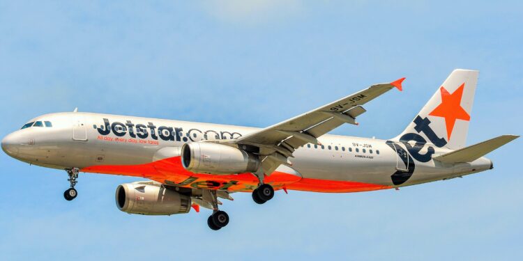 Singapore - Mar 27, 2019. 9V-JSM Jetstar Asia Airbus A320 landing at Changi Airport (SIN). Changi serves more than 100 airlines flying to 400 cities.