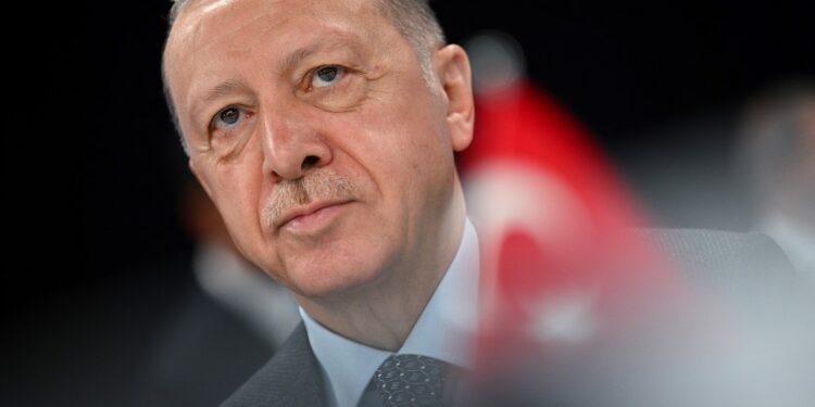 Turkey's President Recep Tayyip Erdogan looks on ahead of a meeting of The North Atlantic Council during the NATO summit at the Ifema congress centre in Madrid, on June 30, 2022. (Photo by GABRIEL BOUYS / AFP)