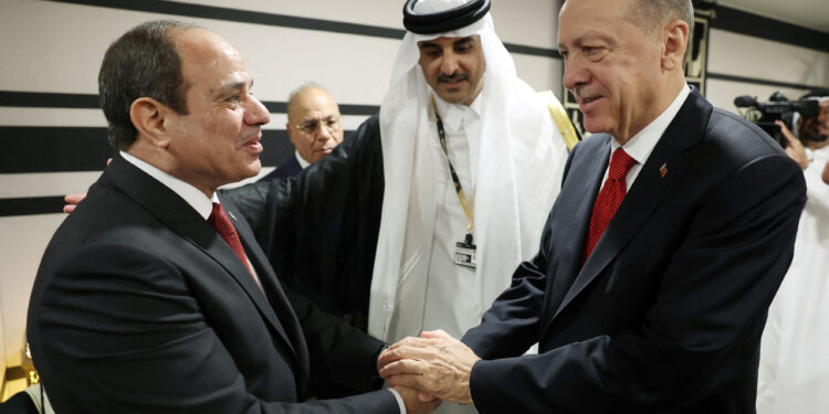 Turkey's President Tayyip Erdogan shakes hands with his Egyptian counterpart Abdel Fattah el-Sisi on the sidelines of the World Cup in Doha, Qatar, November 20, 2022. Murat Cetinmuhurdar/PPO/Handout via REUTERS