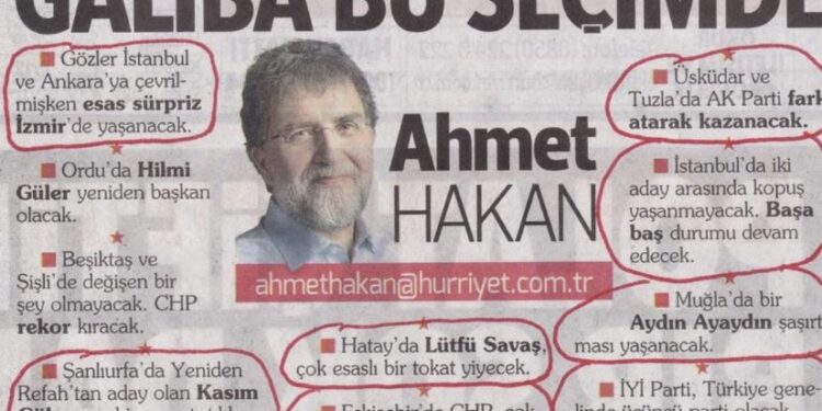 Ahmet Hakan’ın 17 Mart günü yazdığı ‘Galiba bu seçimde’ başlıklı köşe yazısındaki tahminlerinde büyük oranda yanılması sosyal medyada gündem oldu.