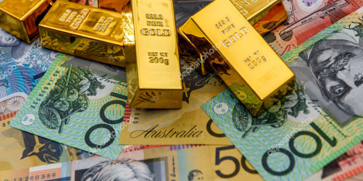 Australian dollar banknotes as gold bullion background