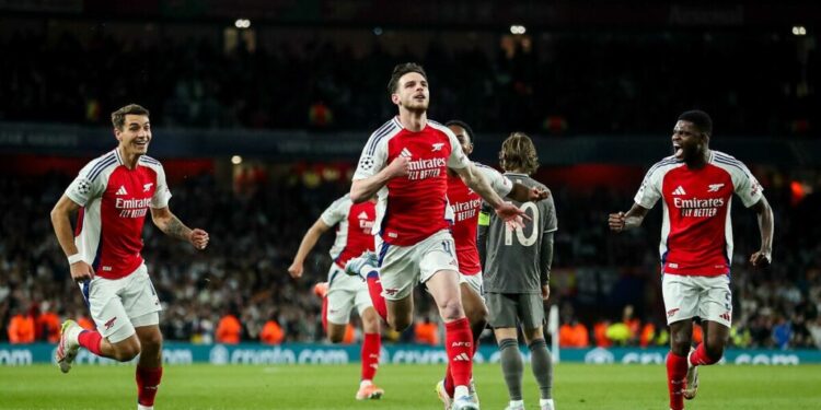 April 8, 2025, London, Greater London, United Kingdom: Declan Rice of Arsenal celebrates his goal to make it 1-0 during the UEFA Champions League Quarter-finals match Arsenal vs Real Madrid at Emirates Stadium, London, United Kingdom, 8th April 2025. (Credit Image: © Izzy Poles/News Images via ZUMA Press Wire)